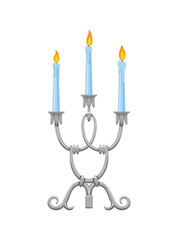 Candlestick. Vintage candelabrum with burning wax candle flame. Elegant old-fashioned holder or metallic lamp icon illustration for interior design. Antique candle