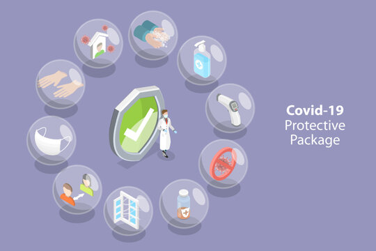 3D Isometric Flat Vector Conceptual Illustration of Covid-19 Protective Package, Precautions Against Coronavirus