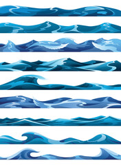 Ocean or sea decorative water waves. Vector set of horisontal patterns for ui games. Stylized blue waves on white background