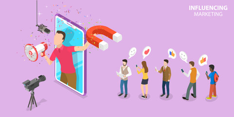 3D Isometric Flat Vector Conceptual Illustration of Influencer Marketing , Social Media Campaign