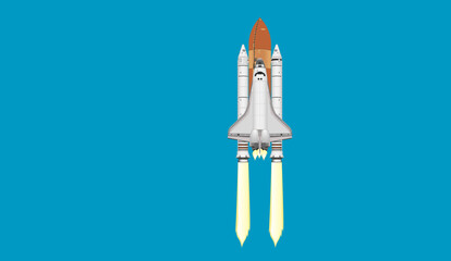 Space shuttle flight isolated on cyan blue background. Vector illustration.
