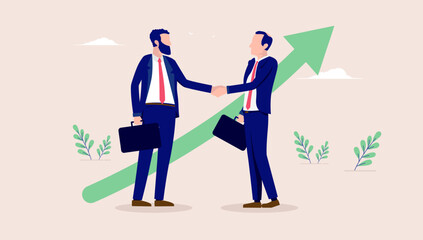 Great business deal - Two businessmen shaking hands in front of green rising arrow. Successful agrement concept, flat design vector illustration
