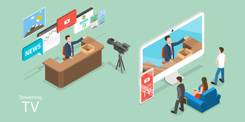 3D Isometric Flat Vector Conceptual Illustration of Streaming TV, Modern Video Blogging