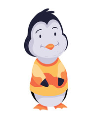 Cute penguin stand in warm clothes. Funny draw character in cartoon style. Adorable wild animal