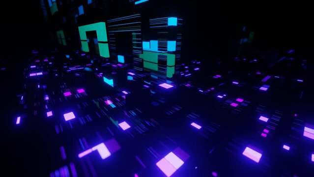 Fly through technology cyberspace with neon glow. Sci-fi flight through hi-tech technology tunnel. Hologram and neon light. 3d looped seamless 4k bright background. Data flow