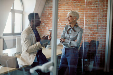 Young black businessman talks to senior female CEO in office.