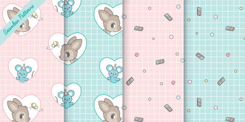 seamless patterns set with sweets, deers and mice