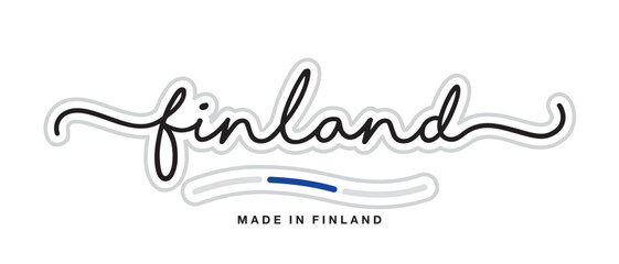 Made in Finland, new modern handwritten typography calligraphic logo sticker, abstract Finland flag ribbon banner