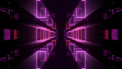 Glow sci fi symmetrical construction. Vj loop trendy neon tunnel. hi tech neon tunel. Sci-fi flight through cyberspace with symmetry. Video game or vj night club background with neon light.