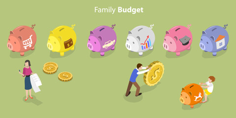 3D Isometric Flat Vector Conceptual Illustration of Family Budget, Personal Finance Planning