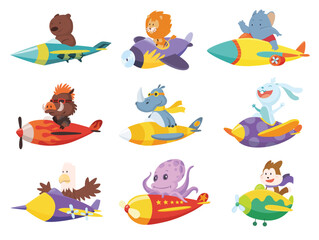 Set of cute baby animals lion, fox and eagle on airplanes. Collection of funny pilots pig, rabbit, elephant, bear and octopus flying on planes. Cartoon vector characters flying on retro transport