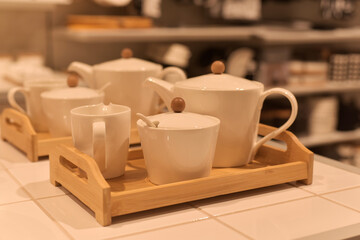 Tea set on a wooden tray