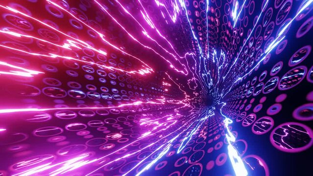 Hi-tech neon sci-fi tunel. Trendy neon glow lines form pattern and construction in mirror tunnel. Curled glow lines. Fly through technology cyberspace. 3d looped seamless 4k bright youth background.