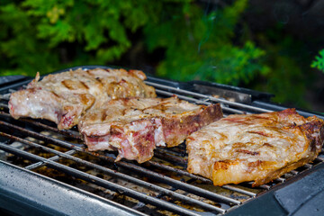 Baking grilled pork meat in the garden