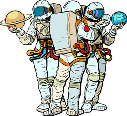 Astronauts view and explore the planets of the solar system. Earth and Saturn, Moon. astronautics science