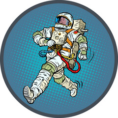 Pop art Astronaut winner proudly walks forward. Astronaut space suit