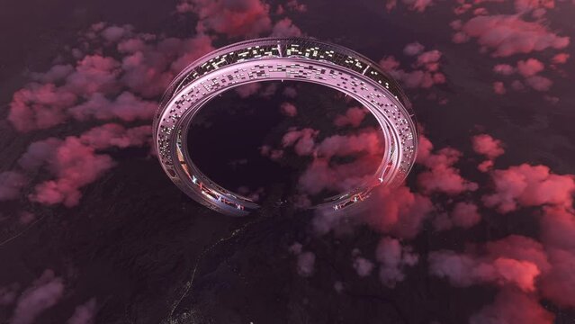 Aerial shot at sunset of a ring-shaped city of the future. An alien town