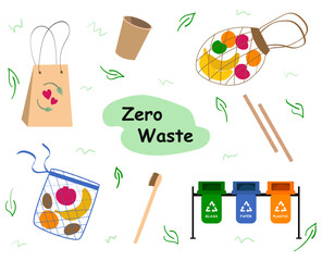 Zero waste. Various eco objects. Hand drawn big color vector set. Zero waste recycling elements: toothbrush, shopping bag with vegetables and fruits, eco cup, waste sorting bins.Eco style, no plastic.