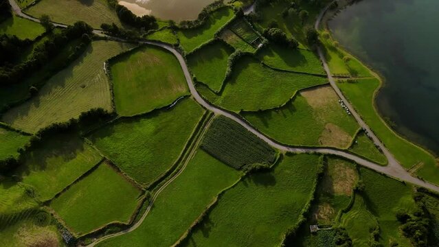 Aerial top down rotating drone shot revealing green fields next to lake on San Miguel in Azores. Amazing green scenery captured by drone by lake Azul in Sete Cidades.