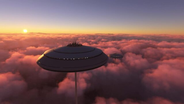 Aerial shot at sunset of a City of the future above the clouds. Circular view of a sci-fi town