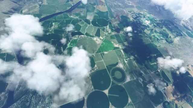 Aerial view of agricultural field crop circles by center pivot sprinklers in Grand View, Idaho. USA