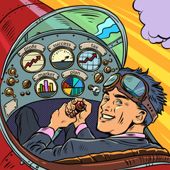 cockpit of a retro aircraft, the pilot leads the airplane. Pilot profession © studiostoks