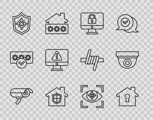 Set line Security camera, House under protection, Lock monitor, Shield, Monitor with exclamation mark, Eye scan and icon. Vector