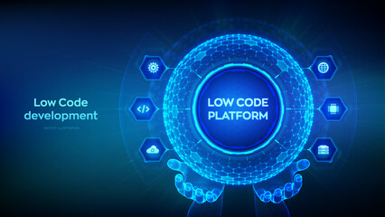 Low code platform. Low code development technology concept. LCDP easy coding. Hexagonal grid sphere in wireframe hands on blue background. Vector illustration.