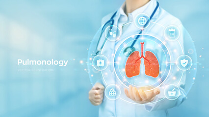 Pulmonology medicine concept. Respiratory system examination and treatment. Doctor holding in hand the hologram of Lungs and medical icons network connection on virtual screen. Vector illustration.
