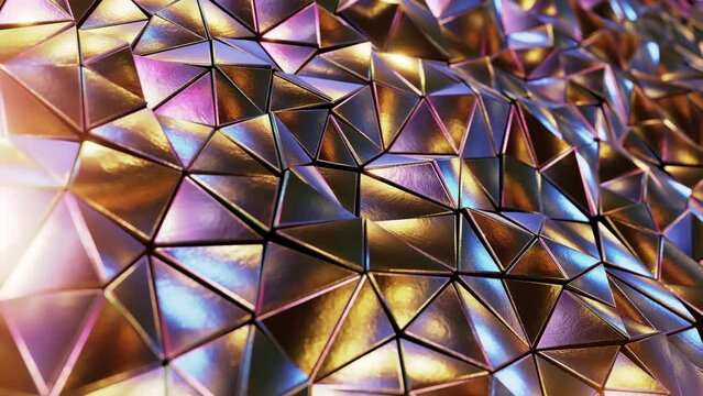 Realistic DOF camera abstract looping 3D animation of the moving colorful iridescent shining metallic triangles pattern rendered in UHD as motion background