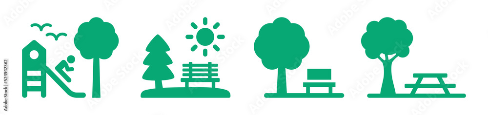 Leinwandbilder park with tree, bench, table and playground with child on slide icon vector set illustration.