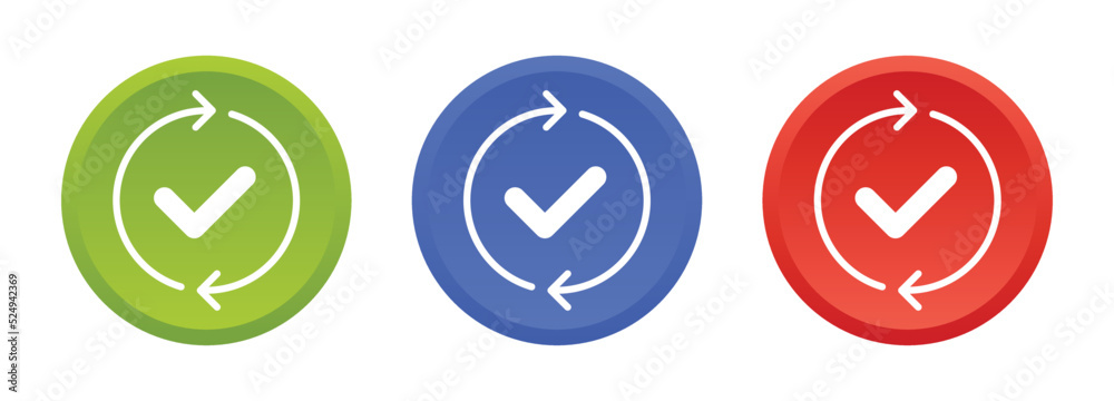 Aufkleber update icon vector button illustration. Arrow loading with check mark symbol for development concept.