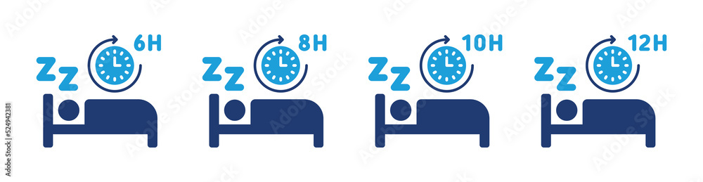 Poster bedtime icon vector set illustration. sleep time with 6, 8, 10 and 12 hours clock symbol.