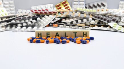 Medicine and health concept. Set of blister packs and medication pills