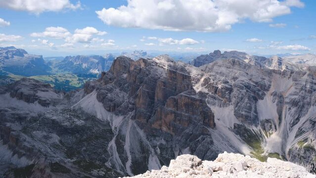 Torre Fanis in Fanis group, Dolomites, Italy, with cloud shadows. Timelapse, landmark, Summer, popular, summit, peak.