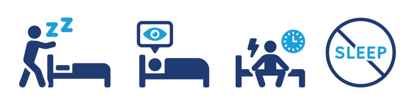 Sleep disorder with insomnia, sleepwalk and sleepless night vector icon set illustration.