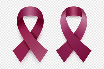 Vector 3d Realistic Burgundy Ribbon Set. Multiple Myeloma Cancer Awareness Symbol Closeup. Cancer Ribbon Template. Multiple Myeloma World Cancer Day Concept