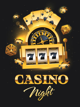 Casino Night flyer illustration with slot machine, roulette wheel, poker chips, dices and playing cards. Luxury signboard, poster with realistic casino elements. Vector illustration. 