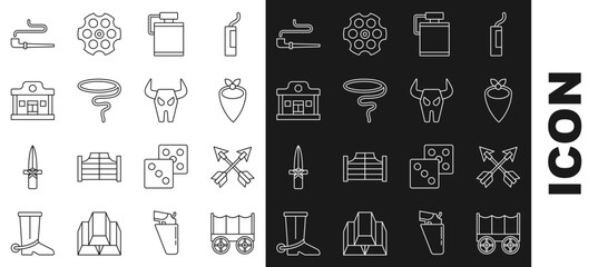 Set line Wild west covered wagon, Crossed arrows, Cowboy bandana, Canteen water bottle, Lasso, saloon, Smoking pipe and Buffalo skull icon. Vector