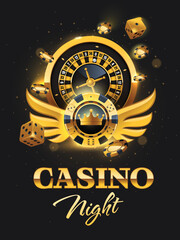 Golden Casino Night flyer illustration with luxury poker chips, dices and roulette wheel. Precious signboard, poster with realistic casino elements. Vector illustration. 