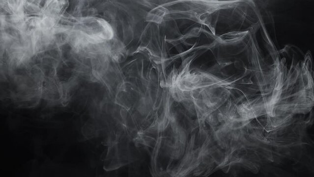 Mist texture background. Smoke cloud. Explosion fume. Intro effect. White transparent fog floating motion on dark night black abstract overlay.