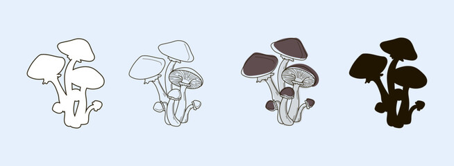 Set of honey mushrooms drawn in the style of outline, line, doodles and black silhouette. Vector illustration on a blue background.