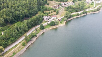 aerial photo with lake with shore drone