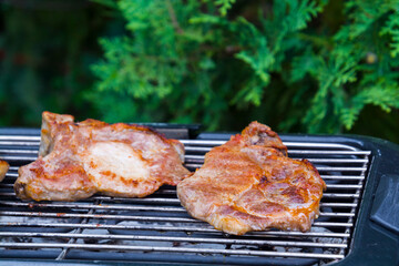 Baking grilled pork meat in the garden
