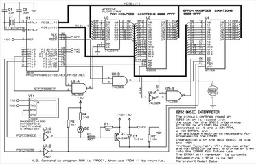 Diagram of an electrical digital
data output device to a terminal operating under the control of 
microcontroller 8052.
Drawing of an electronic device that uses
a register and memory chips RAM, EPROM