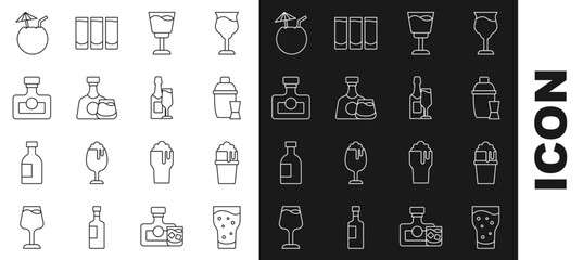Set line Glass of beer, Cocktail shaker, Wine glass, Whiskey bottle and, Alcohol drink Rum, Coconut cocktail and Champagne icon. Vector