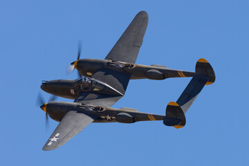 Very close side view of P38 Lightning (WWII American fighter plane)
