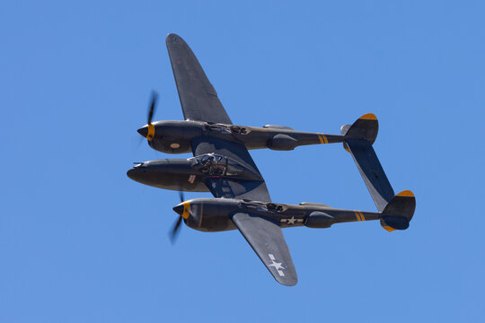 Very close side view of P38 Lightning (WWII American fighter plane)