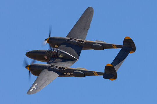 Very close side view of P38 Lightning (WWII American fighter plane)
