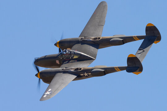 Very close side view of P38 Lightning (WWII American fighter plane)